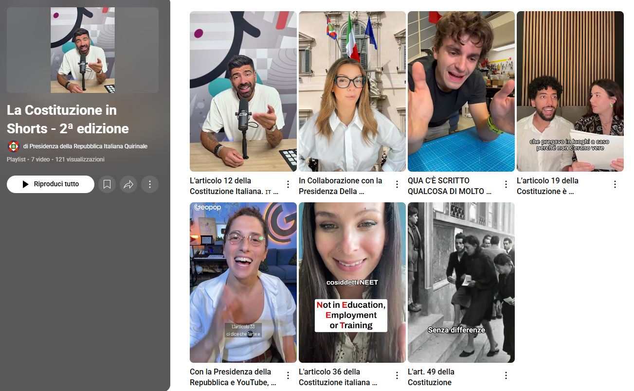 YouTube et Quirinale lancent la deuxième édition de LA Constitution en short