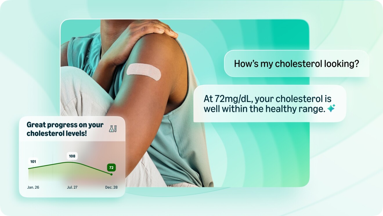 Interface Amazon Health AI montrant la progression du cholestérol et le bras du patient avec un bandage