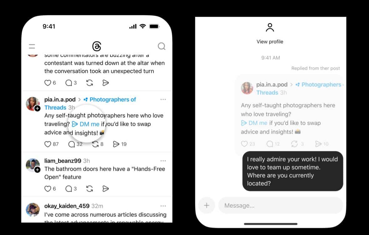 Threads teste les liens directs vers les DM dans les publications pour pousser les conversations privées